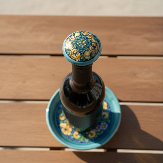 Bottle Stopper + Ceramic Bottle Coaster Gift Set | Hand-Painted Majolica