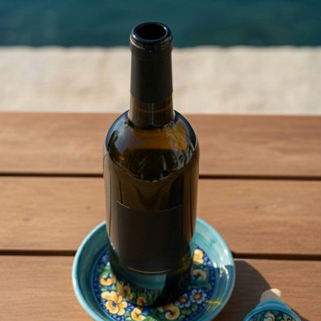 Bottle Stopper + Ceramic Bottle Coaster Gift Set | Hand-Painted Majolica