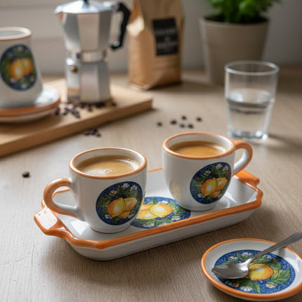 Set Vassoio + 2 Tazzine in Ceramica Artigianale Napoletana - Decoro Limoni