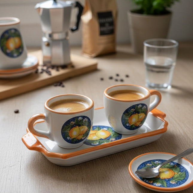 Tray Set + 2 Handcrafted Neapolitan Ceramic Cups - Lemon Decoration