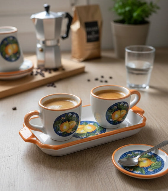 Set Vassoio + 2 Tazzine in Ceramica Artigianale Napoletana - Decoro Limoni
