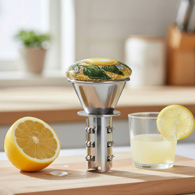 Manual Stainless Steel Citrus Juicer with Decorated Ceramic Knob – Sicilian Lemons Design
