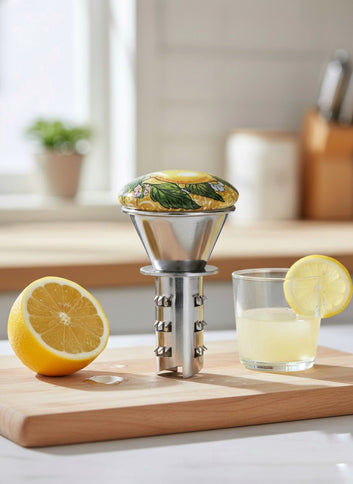 Manual Stainless Steel Citrus Juicer with Decorated Ceramic Knob – Sicilian Lemons Design