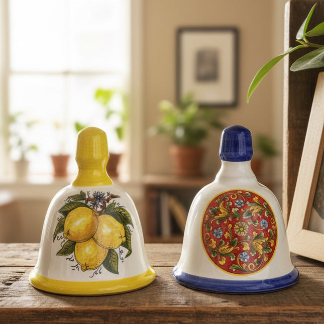 Decorative ceramic bell, hand-painted with lemons or majolica.