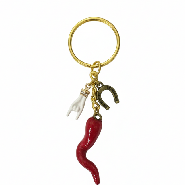Cornicello  Portafortuna Artigianale (Bronzo e Bianco) – Portachiavi Amuleto Fatto a Mano