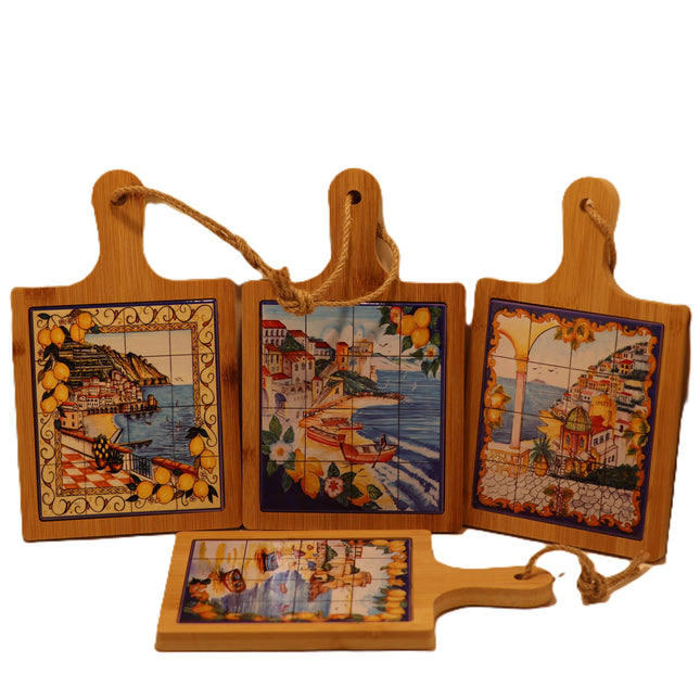 Wooden and Vietri Ceramic Cutting Board, Amalfi Coast Appetizer Tray with Lemons, Rustic Decorative Trivet, Italy Souvenir