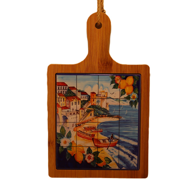 Wooden and Vietri Ceramic Cutting Board, Amalfi Coast Appetizer Tray with Lemons, Rustic Decorative Trivet, Italy Souvenir