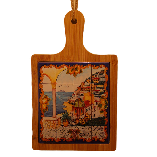Wooden and Vietri Ceramic Cutting Board, Amalfi Coast Appetizer Tray with Lemons, Rustic Decorative Trivet, Italy Souvenir