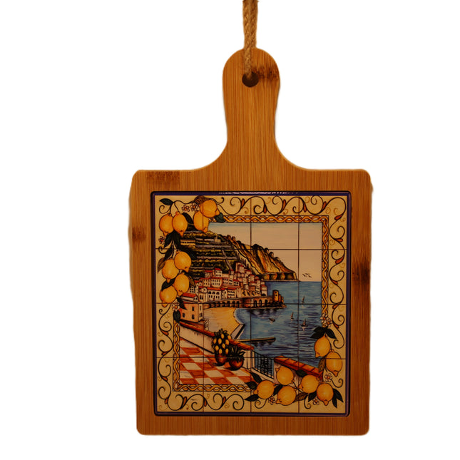 Wooden and Vietri Ceramic Cutting Board, Amalfi Coast Appetizer Tray with Lemons, Rustic Decorative Trivet, Italy Souvenir