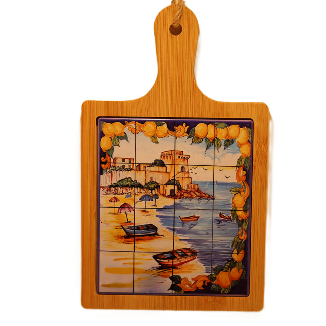 Wooden and Vietri Ceramic Cutting Board, Amalfi Coast Appetizer Tray with Lemons, Rustic Decorative Trivet, Italy Souvenir