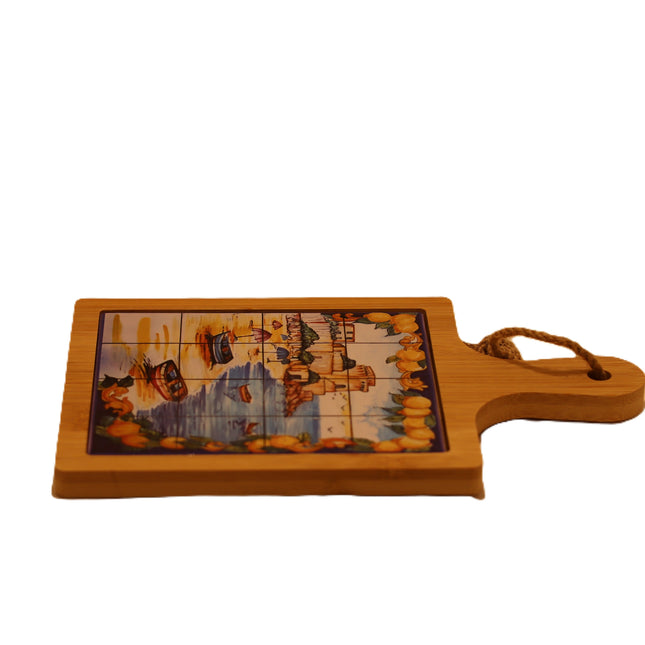 Wooden and Vietri Ceramic Cutting Board, Amalfi Coast Appetizer Tray with Lemons, Rustic Decorative Trivet, Italy Souvenir