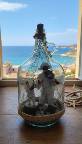 Bottiglia Decorativa con Pulcinella al Violino e Mandolino-Artigianato Artistico Napoletano-Scultura in Vetro "Anima Napoletana" stile vintage.