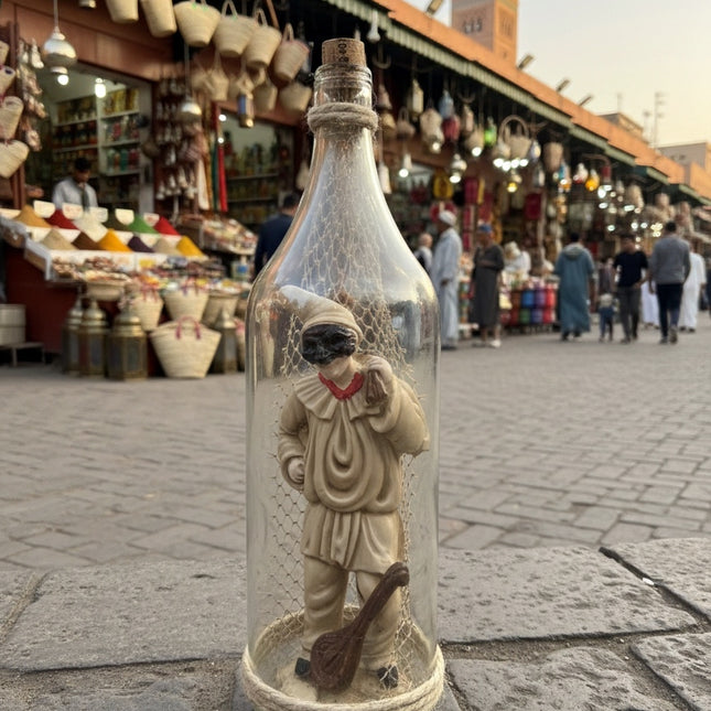 Pulcinella in Bottiglia con sacco a spalla e mandolino, L’Anima di Napoli racchiusa nel Vetro.