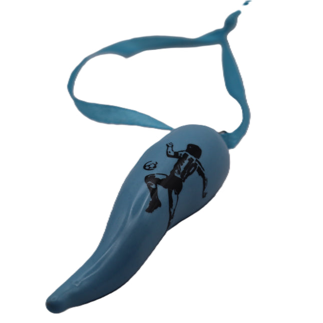 Cornicello  Portafortuna Celeste Napoli in Ceramica con Logo e Laccetto, Amuleto Scaramantico Napoletano Fatto a Mano, Regalo Tifosi Azzurri