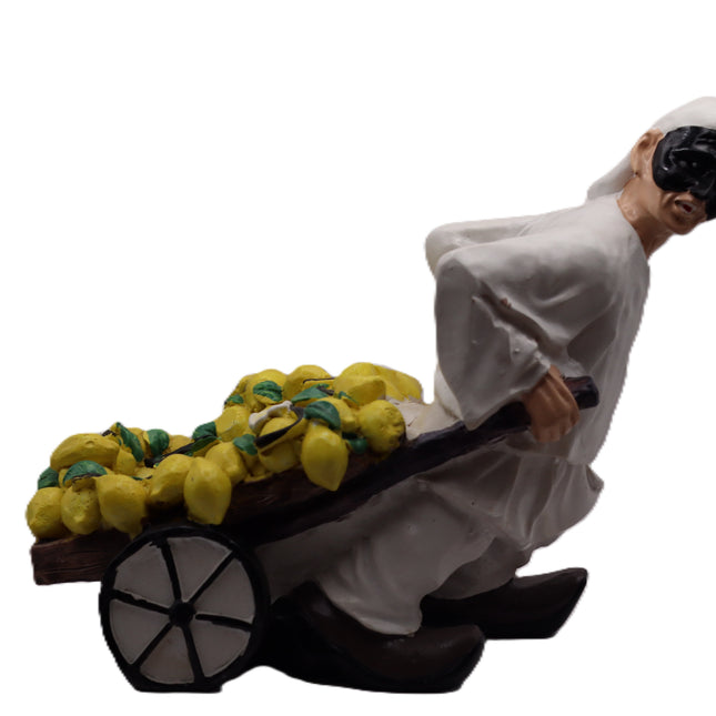 Pulcinella Portabottiglie in Resina con Carretto, Statuetta Artigianale Napoletana, Variante Limoni o Uva, Idea Regalo