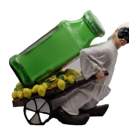 Pulcinella Portabottiglie in Resina con Carretto, Statuetta Artigianale Napoletana, Variante Limoni o Uva, Idea Regalo