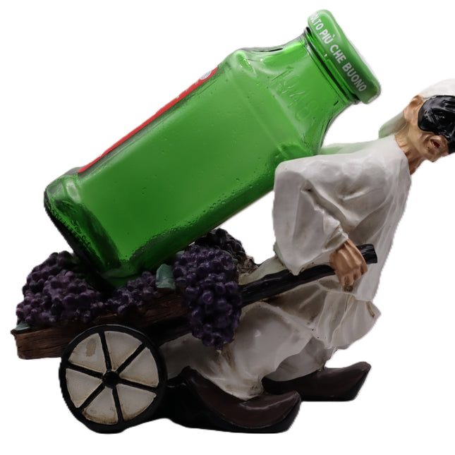 Pulcinella Portabottiglie in Resina con Carretto, Statuetta Artigianale Napoletana, Variante Limoni o Uva, Idea Regalo