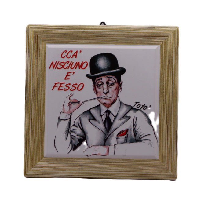 Quadretto Totò in Legno e Ceramica, Cornice da Appoggio e Parete, Piastrella con Frasi Storiche Totò, Regalo Artigianato Italiano Vintage