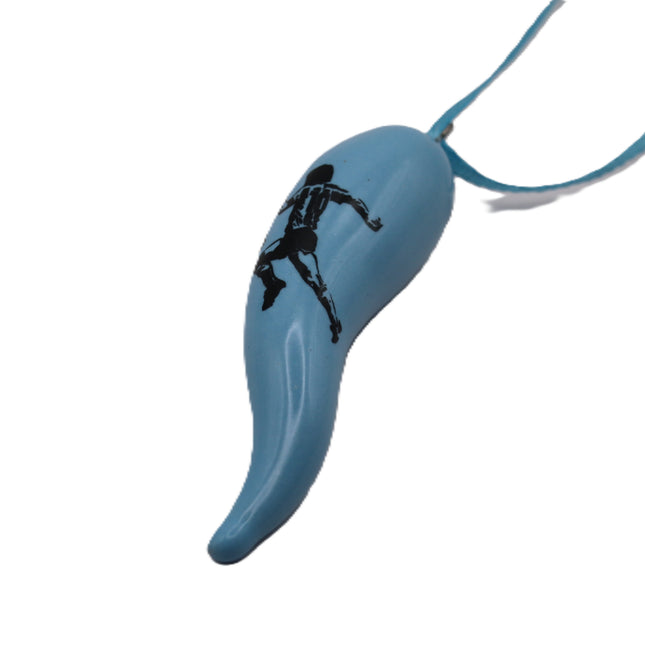 Cornicello  Portafortuna Celeste Napoli in Ceramica con Logo e Laccetto, Amuleto Scaramantico Napoletano Fatto a Mano, Regalo Tifosi Azzurri