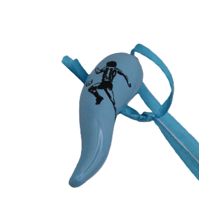 Cornicello  Portafortuna Celeste Napoli in Ceramica con Logo e Laccetto, Amuleto Scaramantico Napoletano Fatto a Mano, Regalo Tifosi Azzurri
