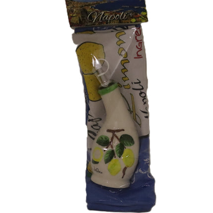 Confezione Regalo Oliera Ceramica Decorata a Mano e Strofinaccio Napoli, Set Cucina Artigianale Limoni, Regalo Souvenir Italiano Originale