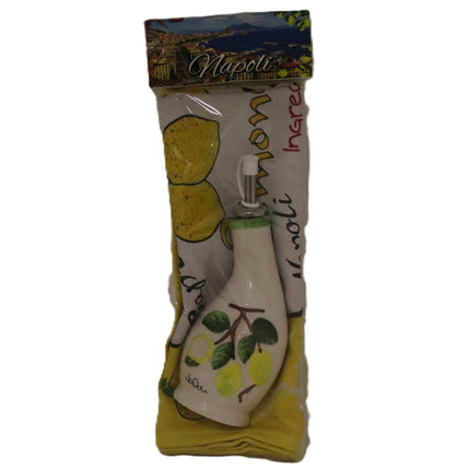 Confezione Regalo Oliera Ceramica Decorata a Mano e Strofinaccio Napoli, Set Cucina Artigianale Limoni, Regalo Souvenir Italiano Originale