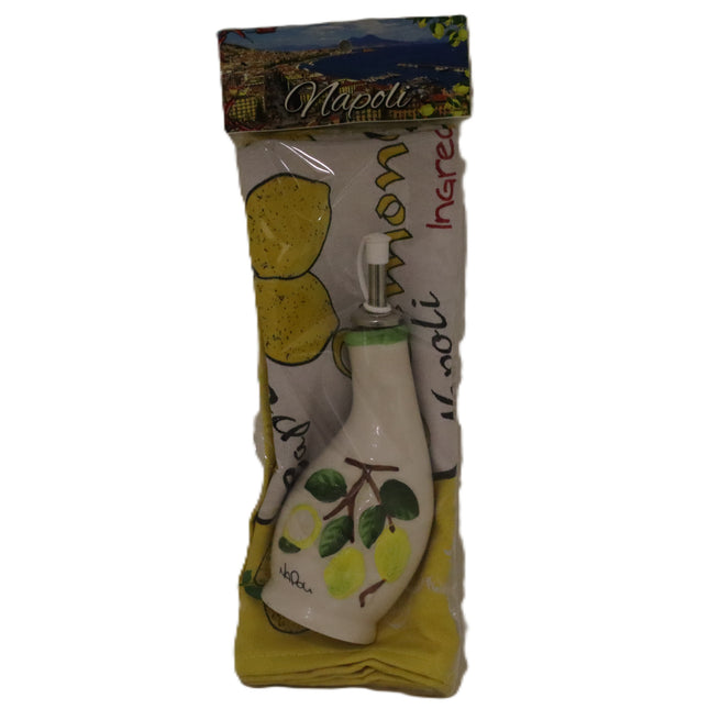 Oliera in Ceramica Dipinta a Mano con Strofinaccio Napoli | Set Regalo Cucina Limoni
