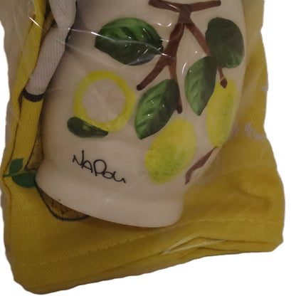 Confezione Regalo Oliera Ceramica Decorata a Mano e Strofinaccio Napoli, Set Cucina Artigianale Limoni, Regalo Souvenir Italiano Originale