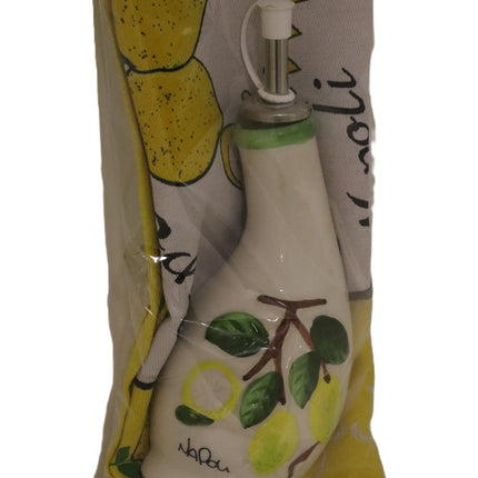 Confezione Regalo Oliera Ceramica Decorata a Mano e Strofinaccio Napoli, Set Cucina Artigianale Limoni, Regalo Souvenir Italiano Originale
