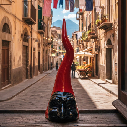 Corno Grande con Maschera Pulcinella-Artigianale in Ceramica Fatta a Mano.Idea regalo scaramantico.Portafortuna.
