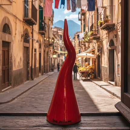 Corno Grande con Maschera Pulcinella-Artigianale in Ceramica Fatta a Mano.Idea regalo scaramantico.Portafortuna.