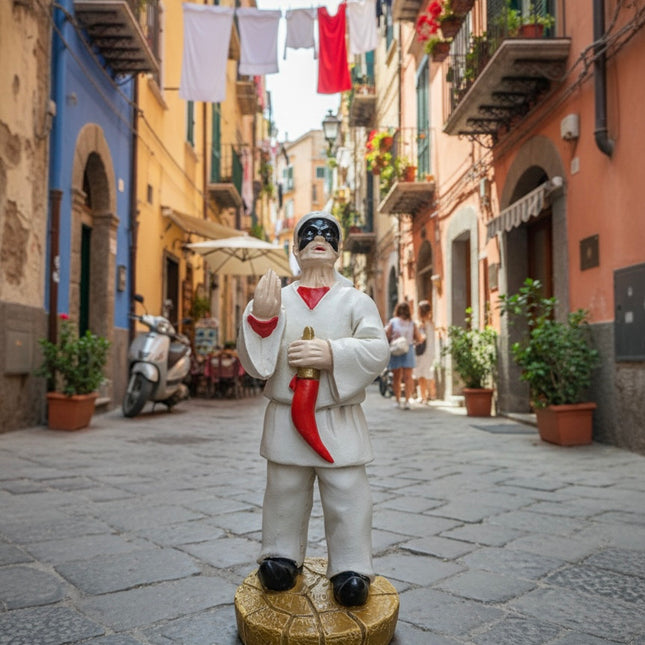 Statua Pulcinella in Resina con Corno Portafortuna - Artigianato Napoletano