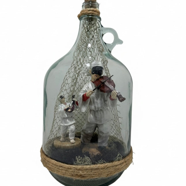 Bottiglia Decorativa con Pulcinella al Violino e Mandolino-Artigianato Artistico Napoletano-Scultura in Vetro "Anima Napoletana" stile vintage.