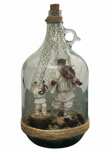 Bottiglia Decorativa con Pulcinella al Violino e Mandolino-Artigianato Artistico Napoletano-Scultura in Vetro "Anima Napoletana" stile vintage.