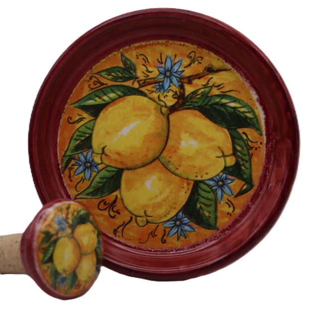 Set Regalo Tappo Bottiglia + Piattino Sottobottiglia in Ceramica | Limoni Dipinti a Mano