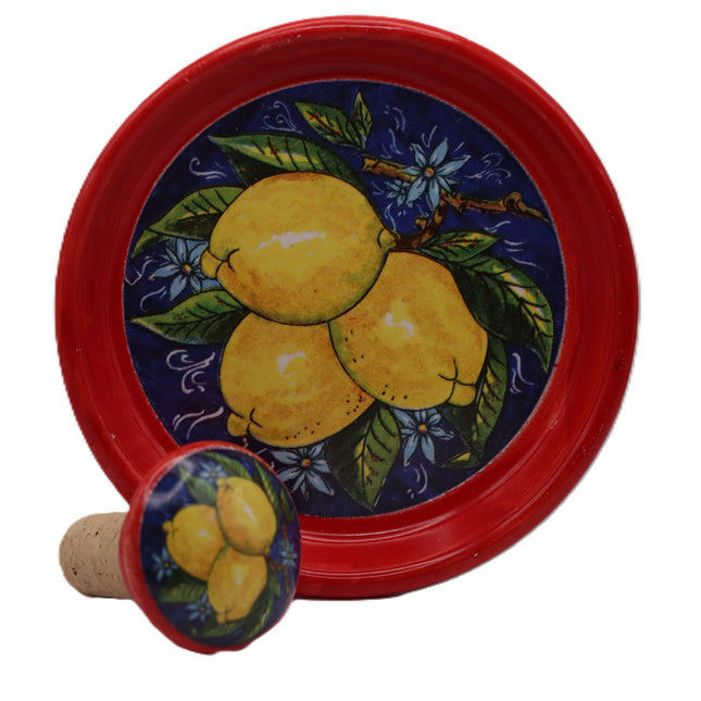 Set Regalo Tappo Bottiglia + Piattino Sottobottiglia in Ceramica | Limoni Dipinti a Mano