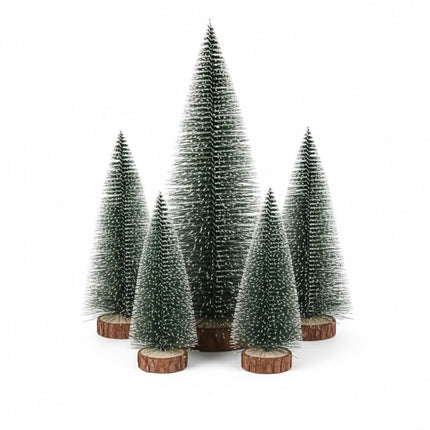 Mini Albero di Natale Effetto Neve su Base in Legno Naturale - 5 Altezze a Scelta