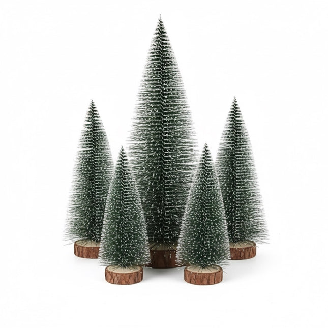 Mini Albero di Natale Effetto Neve su Base in Legno Naturale - 5 Altezze a Scelta