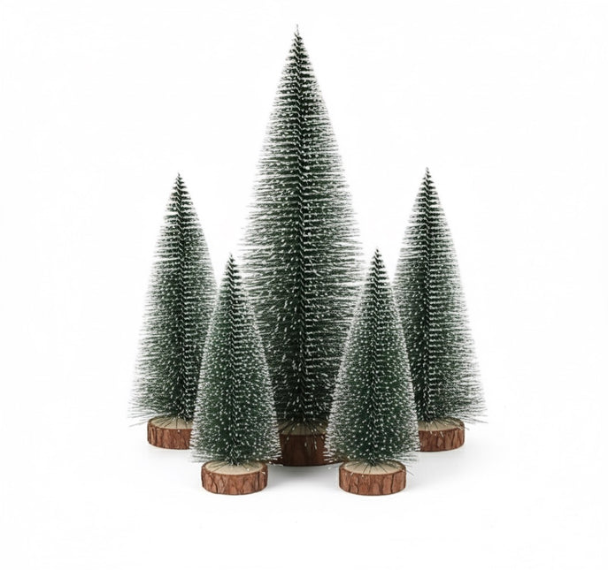 Mini Albero di Natale Effetto Neve su Base in Legno Naturale - 5 Altezze a Scelta