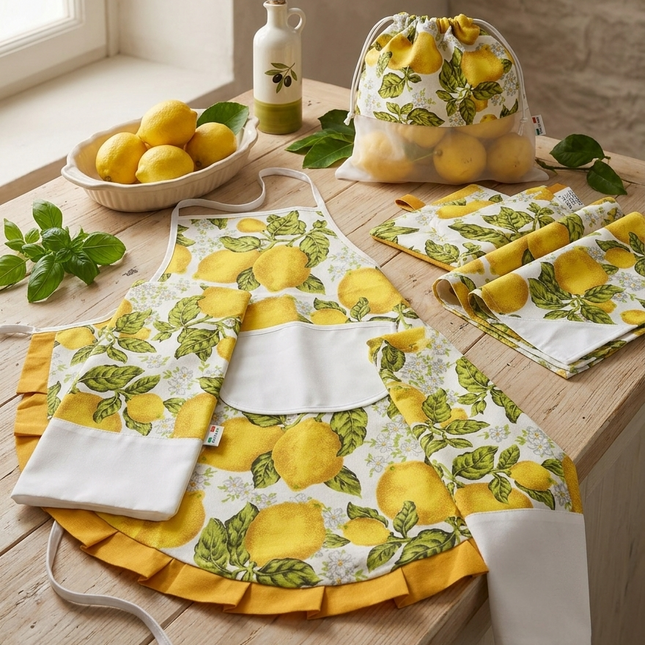 Set Cucina Completo "Limoni di Sicilia" - 6 Pezzi in Puro Cotone Made in Italy - Giallo o Blu - Coordinato Tavola e Cucina Artigianale
