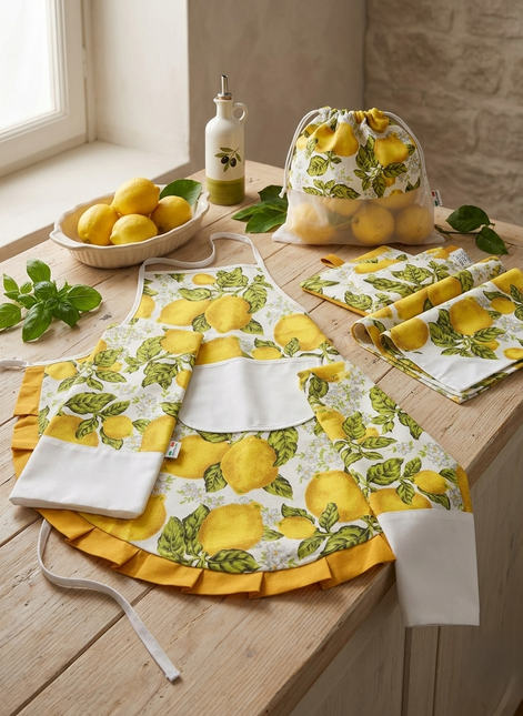Set Cucina Completo "Limoni di Sicilia" - 6 Pezzi in Puro Cotone Made in Italy - Giallo o Blu - Coordinato Tavola e Cucina Artigianale