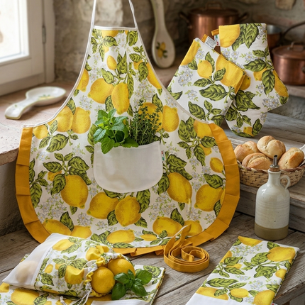 Set Cucina Completo "Limoni di Sicilia" - 6 Pezzi in Puro Cotone Made in Italy - Giallo o Blu - Coordinato Tavola e Cucina Artigianale