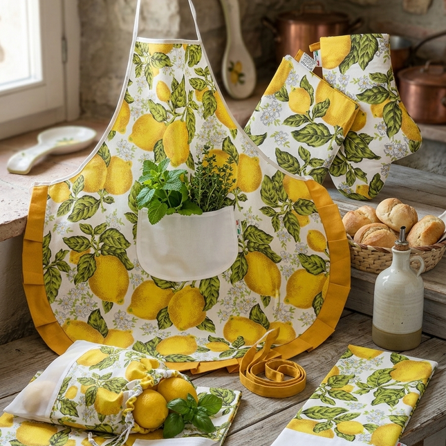Set Cucina Completo "Limoni di Sicilia" - 6 Pezzi in Puro Cotone Made in Italy - Giallo o Blu - Coordinato Tavola e Cucina Artigianale