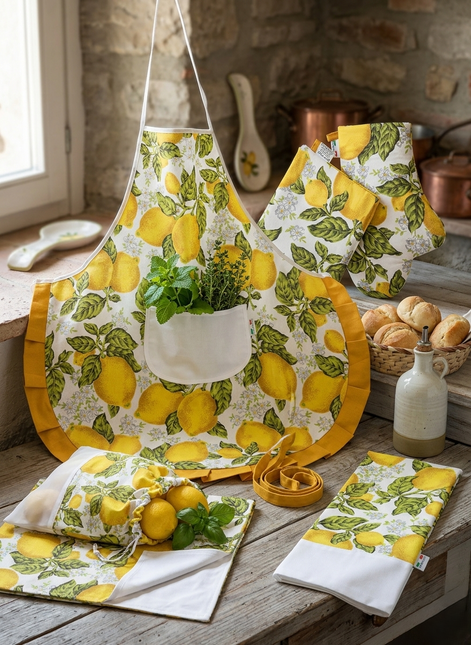 Set Cucina Completo "Limoni di Sicilia" - 6 Pezzi in Puro Cotone Made in Italy - Giallo o Blu - Coordinato Tavola e Cucina Artigianale