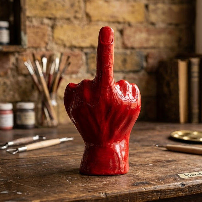 Scultura Mano Dito Medio in Ceramica Rossa