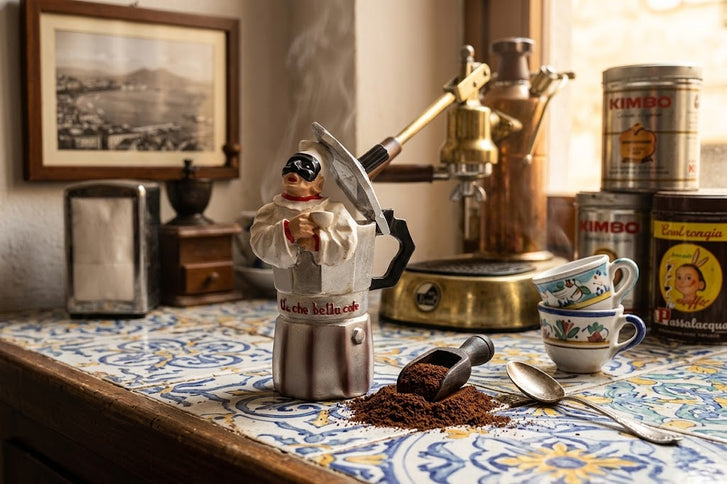Statuina Pulcinella Caffettiera Italiana - Statuetta Moka in Resina Napoletana - Souvenir "Uè che bellu cafè", Regalo Cultura Italiana Napoli