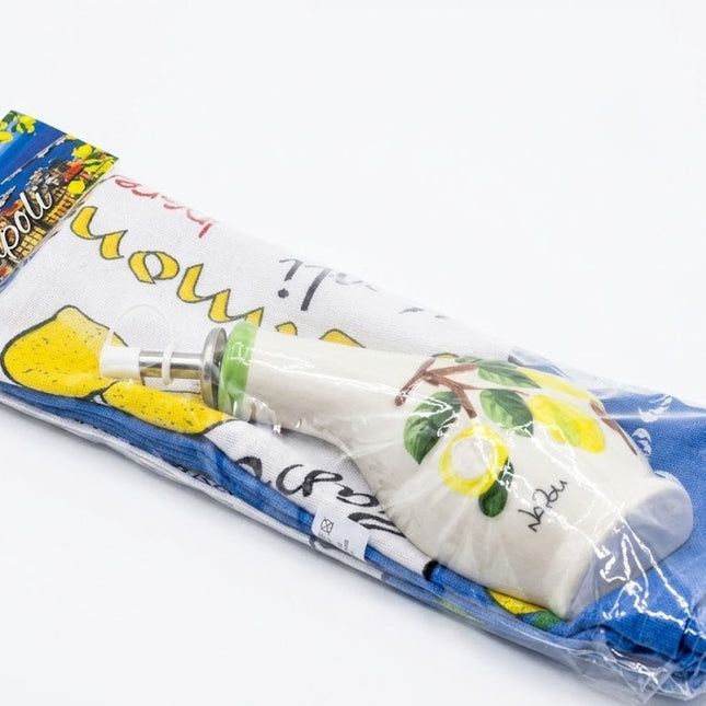 Oliera in Ceramica Dipinta a Mano con Strofinaccio Napoli | Set Regalo Cucina Limoni