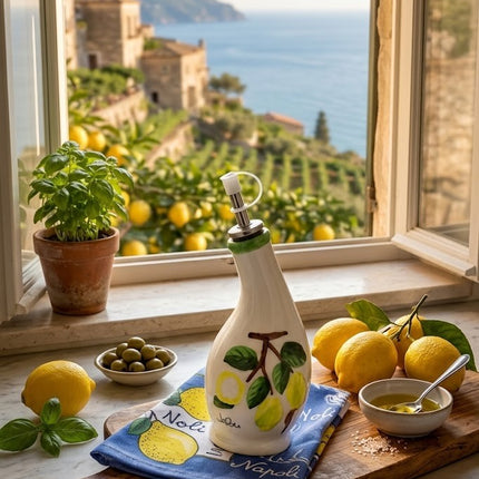 Confezione Regalo Oliera Ceramica Decorata a Mano e Strofinaccio Napoli, Set Cucina Artigianale Limoni, Regalo Souvenir Italiano Originale