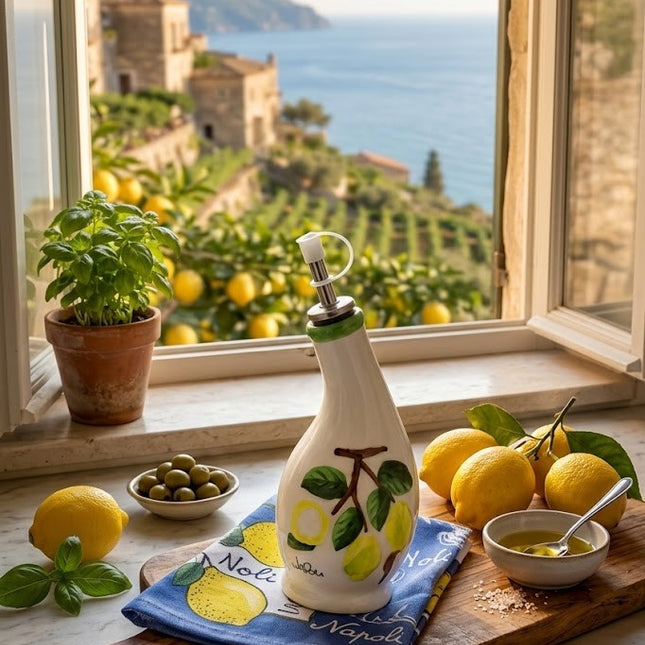 Oliera in Ceramica Dipinta a Mano con Strofinaccio Napoli | Set Regalo Cucina Limoni