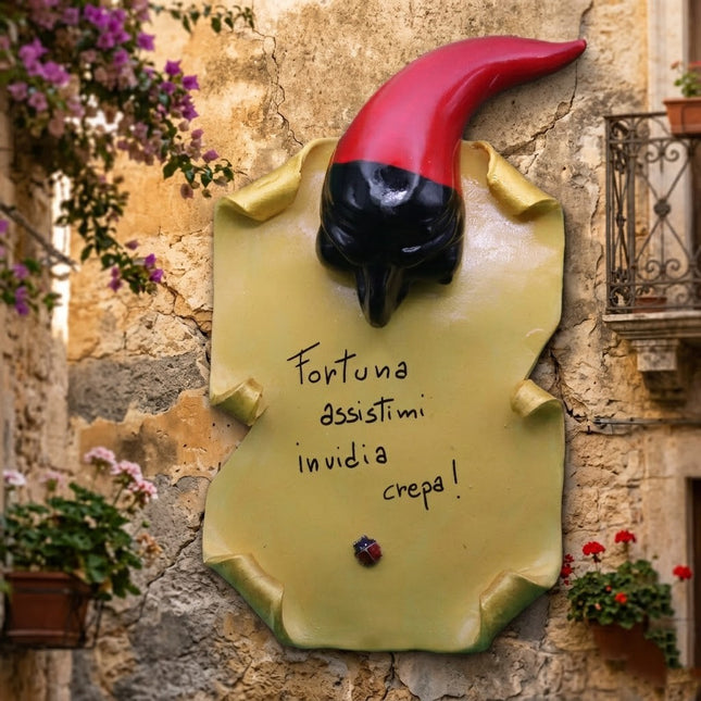 Pergamena Portafortuna in Ceramica con Pulcinella e Corno – Personalizzabile